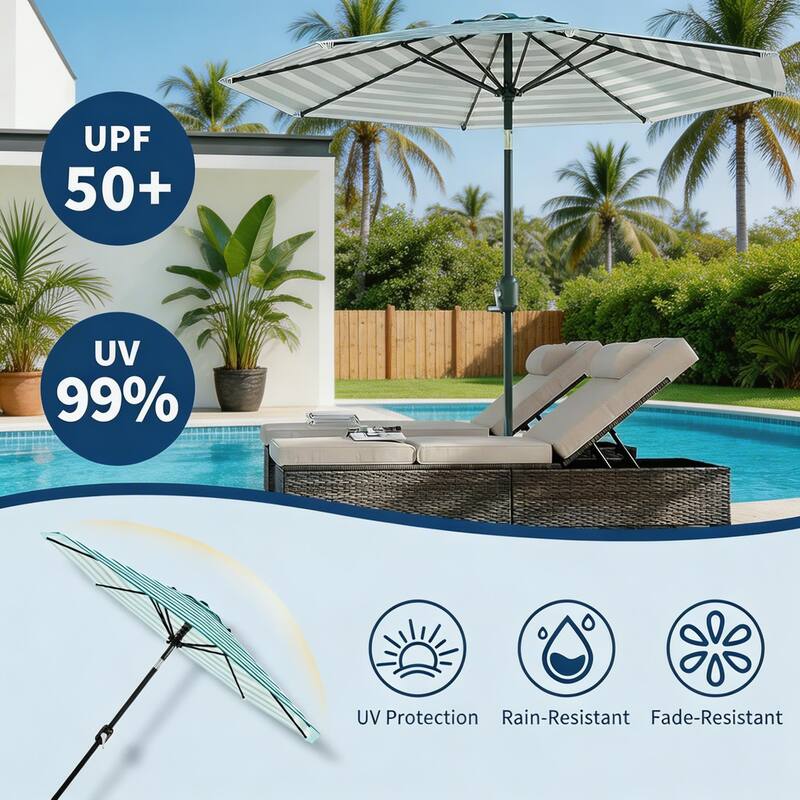 9 ft Patio Umbrella, with Crank Lift & Push Button Tilt, 8 Sturdy Ribs