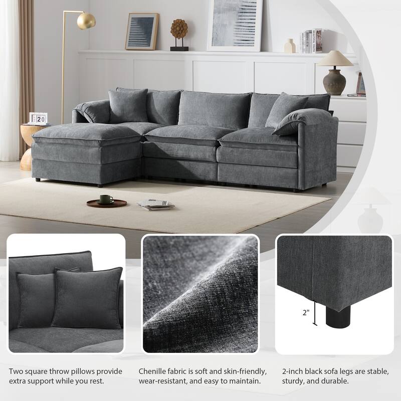 Conertible L Shape Modular Sectional Sofa wOttoman Chenille 4 Seat Sofa
