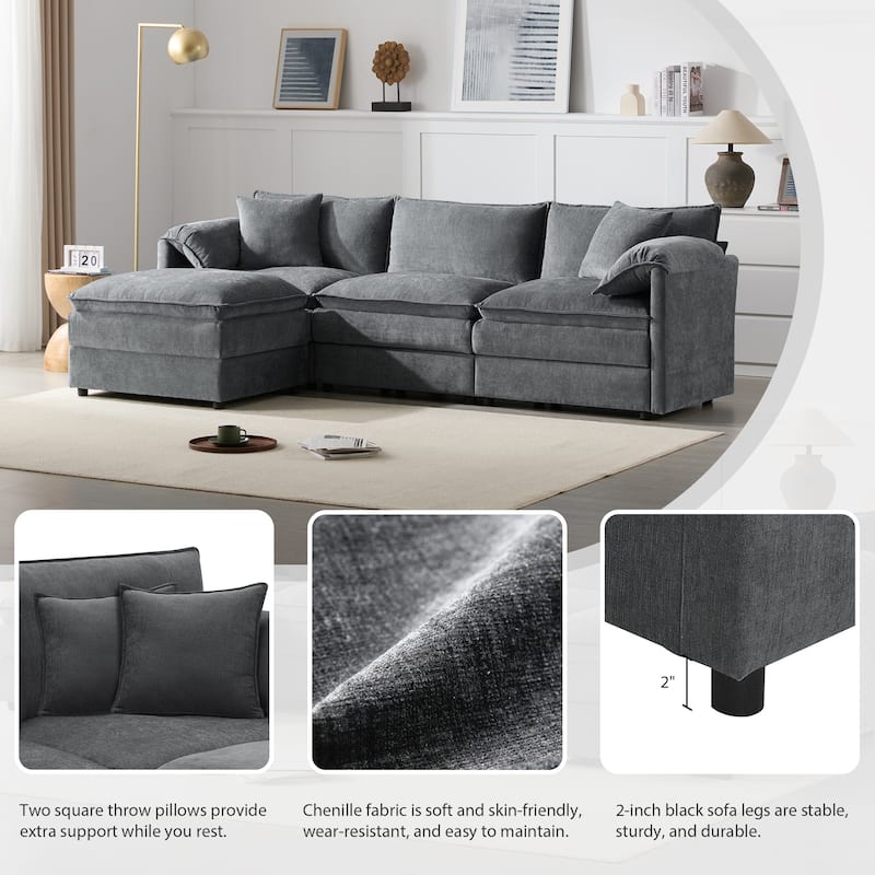 L-Shaped Modular Sectional Sofa with Ottoman, Oversized Chenille Upholstered Cloud Couch, 4-Seater Sofa with Double Cushions