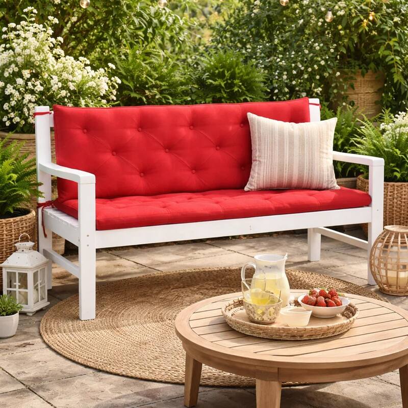 Claire Outdoor Cushion for Bench, Button Tufted Red Fabric, 59 Inch