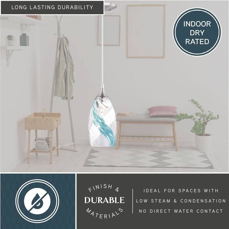 Milano Satin Nickel Mini Pendant Ceiling Light Blue Glass - 4.75-in W x 9.75-in H x 4.75-in D