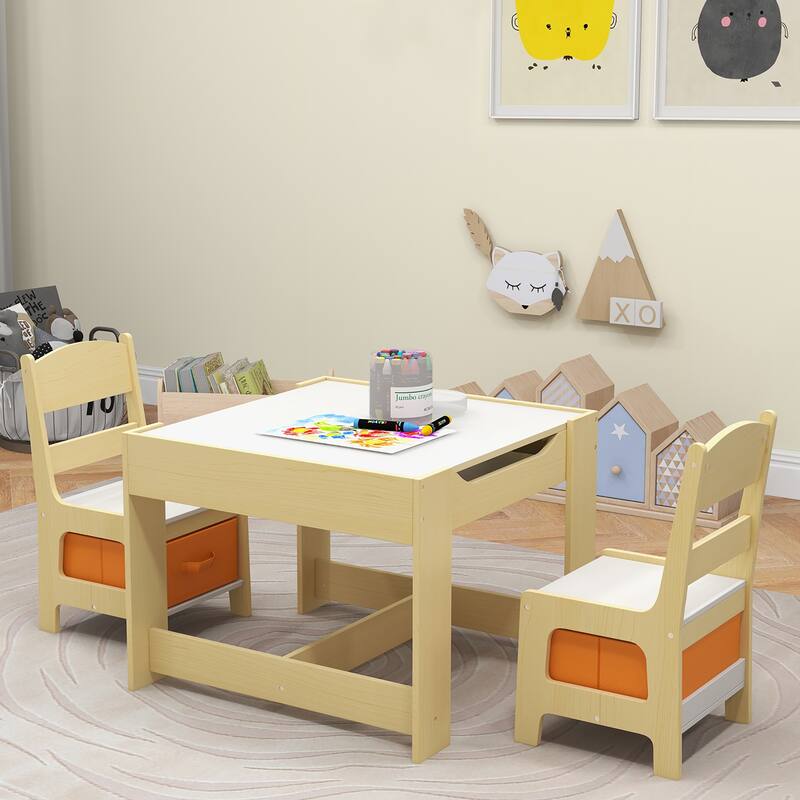 Gymax Children Kids Table Chairs Set With Storage Boxes Blackboard