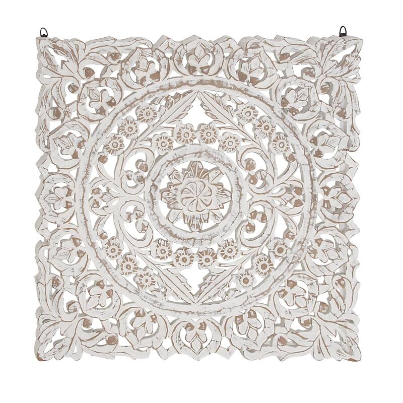 Wooden Floral Handmade Intricately Carved Home Wall Decor with Mandala Design - White - Roche River Decor