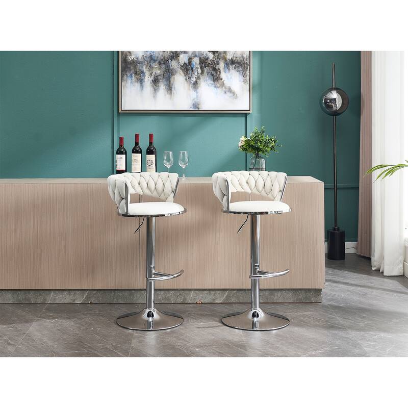 Set of 2 Bar Stools, with Chrome Footrest and Base, Swivel, Height Adjustable Mechanical Lifting, Velvet Upholstered