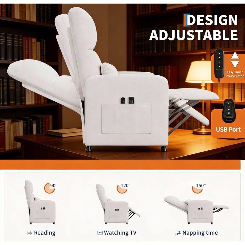 Power Recliner Chair, with 2 Side Pockets and USB Port