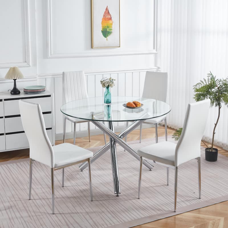 1+4,5pieces dining set, Table metal leg Mid-century Dining Table for 4-6 people With Glass Table Top, Pedestal Dining Table