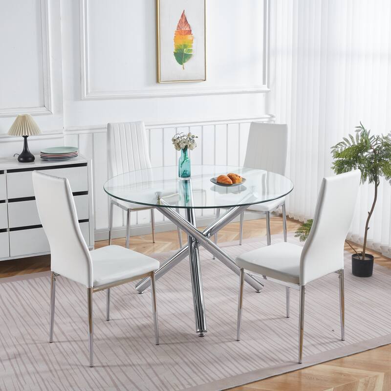Dining Table with Metal Leg and Glass, Modern Space Saving Kitchen Table for Living Room