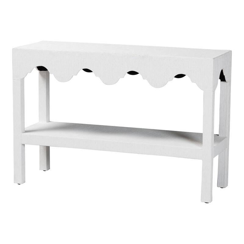 Nolan Natural Grasscloth Console Table - Two-Tier Entryway Table with Scalloped Apron, Modern Coastal Accent Table - White