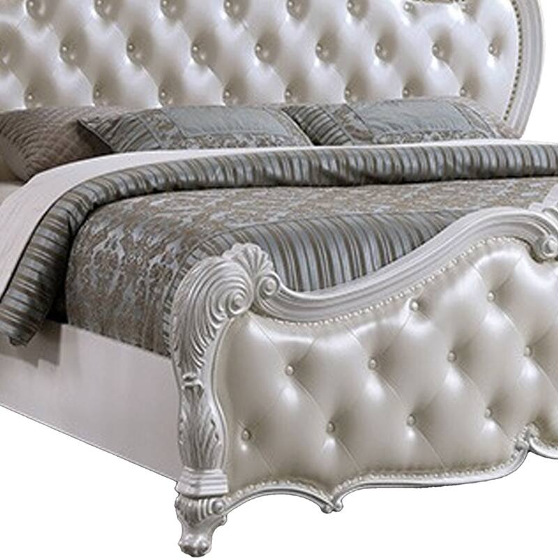 Venta King Size Bed, Pearl White Button Tufted Faux Leather Upholstery