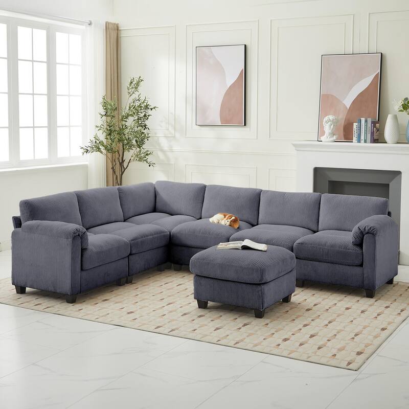 Corduroy Corner Sectional Sofas with a Removable Ottoman, L-shaped Reversible 7-seat Modular Couch