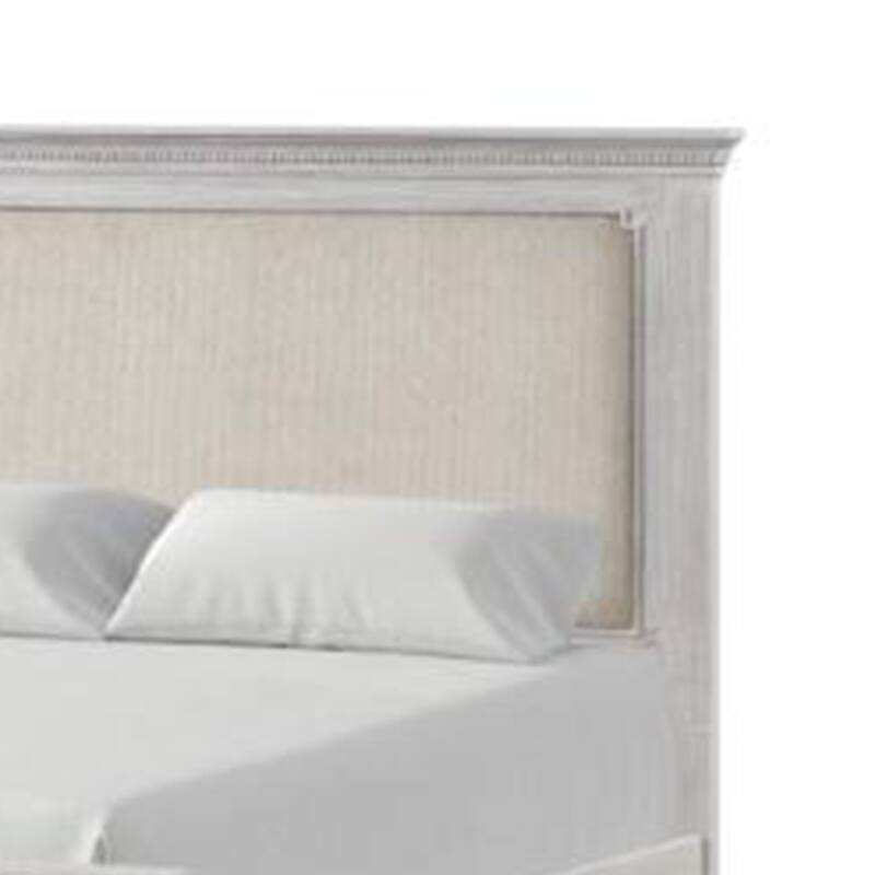 Leyne Queen Bed, Cream Upholstery, Dentil Molding Weathered Gray Wood
