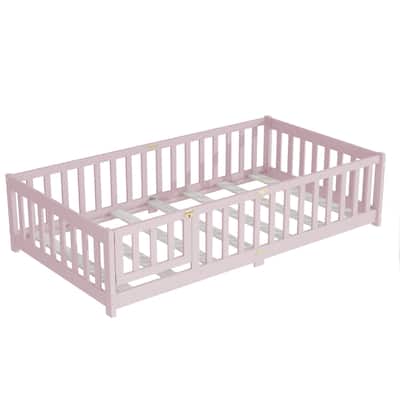Twin Size Floor Bed with Fence and Door,Rubber Wood Floor Bed with Safety Guardrails,Pink