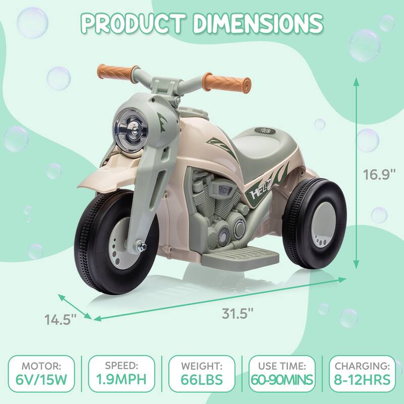6V Battery-Powered Electric Motorcycle Ride-On Bubble Car for Kids Best Gift
