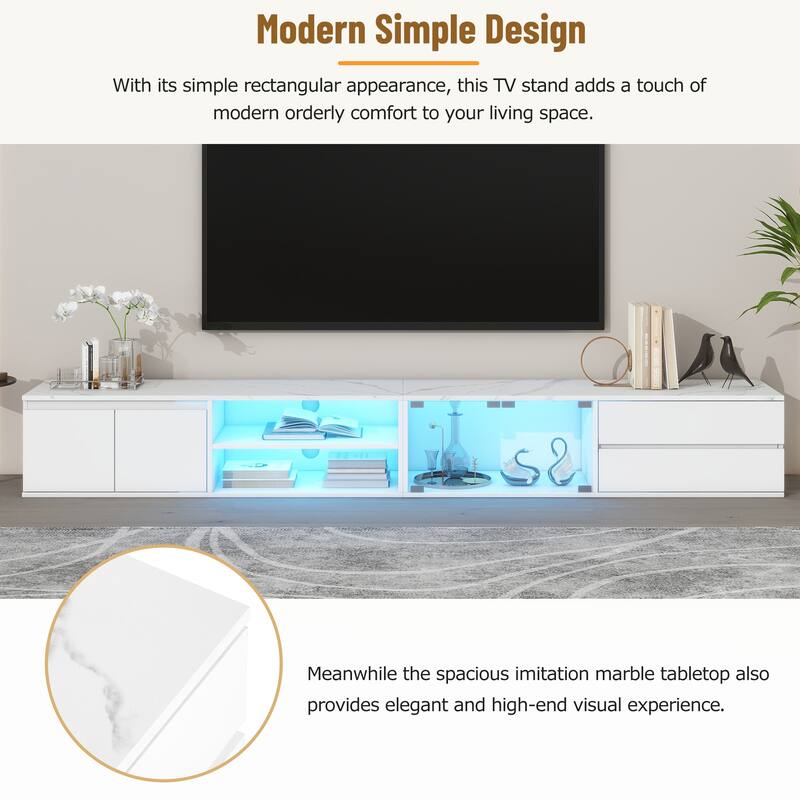 Modern APP Controlled LED TV Stand for TVs up to 105" with Faux Marble Top, Tempered Glass Doors, 2 Drawers & Cabinets, White