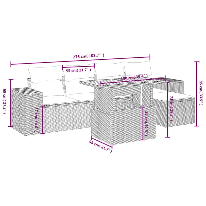 vidaXL Patio Sofa Set with Cushions Outdoor Furniture 6 Piece Poly Rattan - 21.7 x 21.7 x 14.6