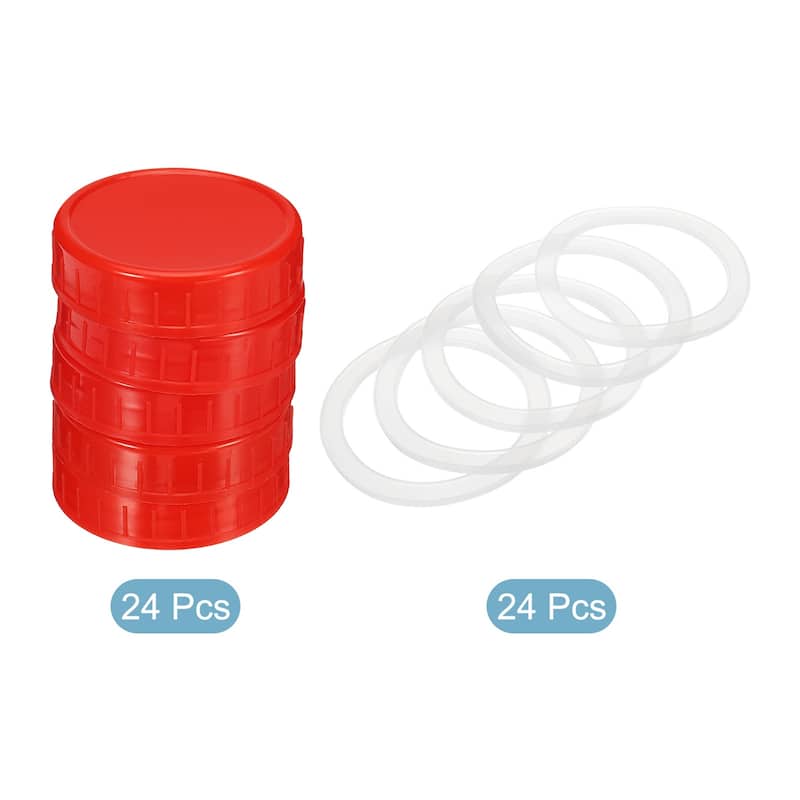 70mm Mouth Plastic Mason Jar Lids, 24Pcs Canning Caps w Sealing Rings - Red