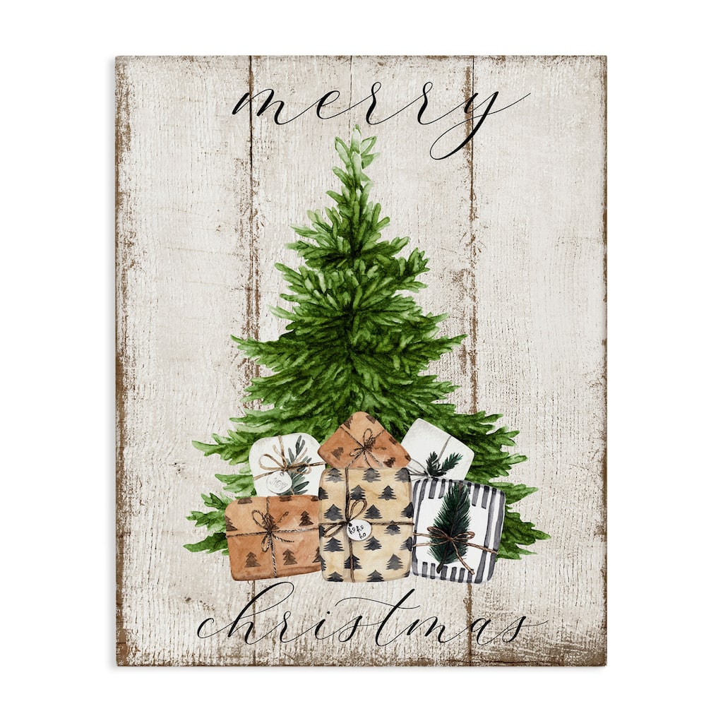 Stupell Rustic Distressed Merry Christmas Tree Illustration Canvas Wall Art