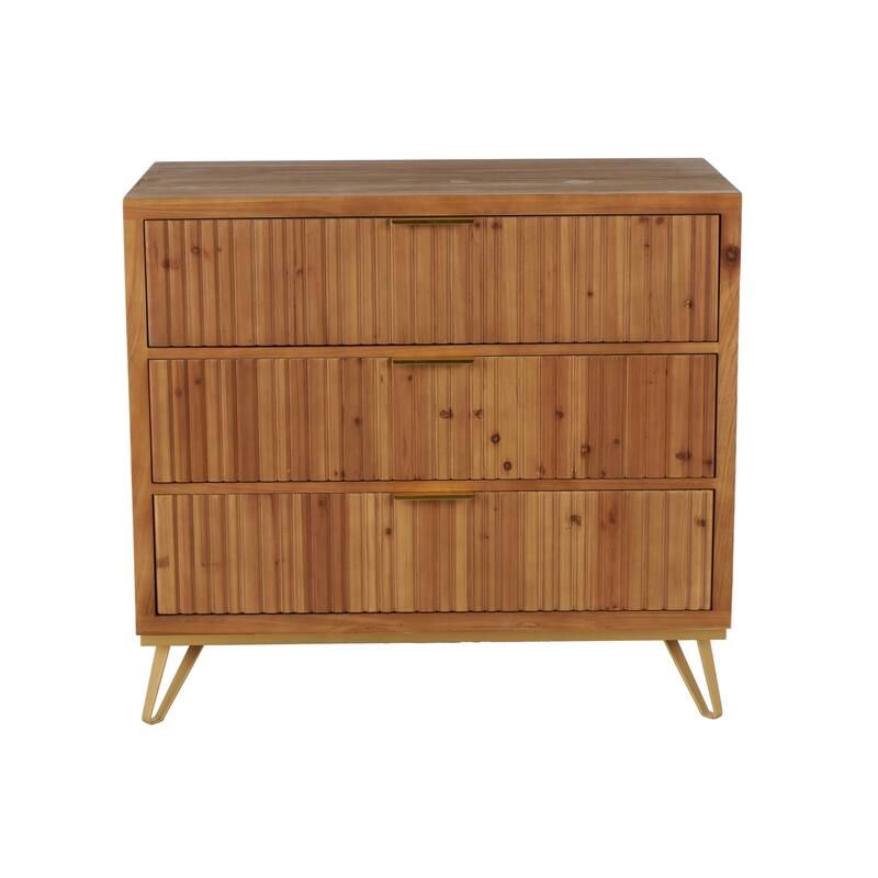 Brown Wooden Ribbed 3 Drawers Room Cabinet with Gold Handles and Legs - 20"W x 36"L x 32"H