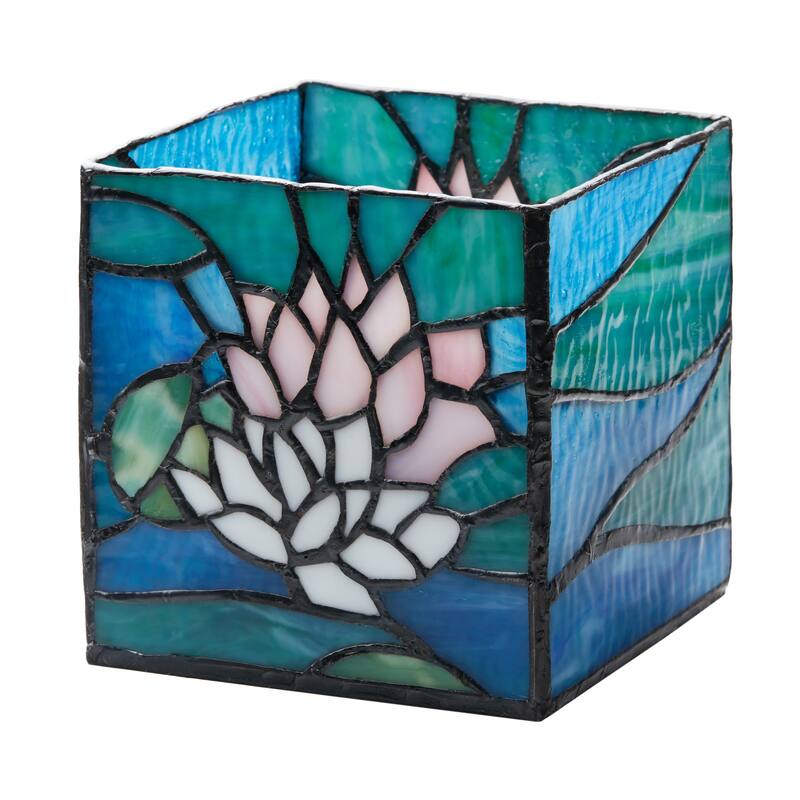 River of Goods 4.75-Inch Blue Pond Lilies Stained Glass Candle Holder - 4.75" x 4.75" x 4.75"