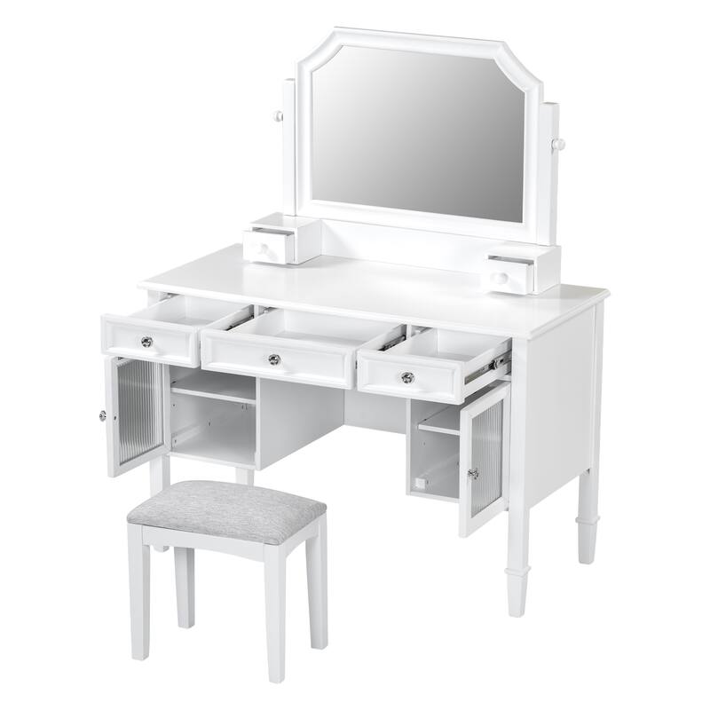 Makeup Vanity Desk with Large Adjustable Mirror, Dressing Table Set with Drawer & Cabinet, Space-Saving Beauty Station