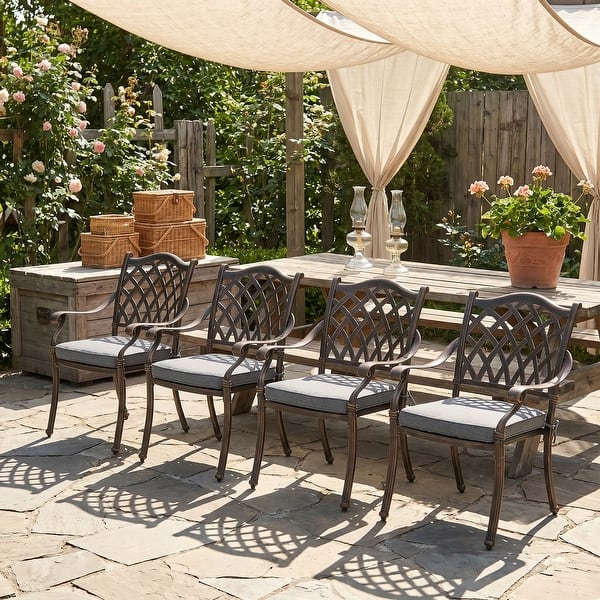 bronze cast aluminum patio table with umbrella hole 9-Piece Antique Bronze Cast Aluminum Outdoor Dining Set, Patio Table with Umbrella  Hole, Stackable Arm Chairs with Cushions - On Sale - Bed Bath & Beyond