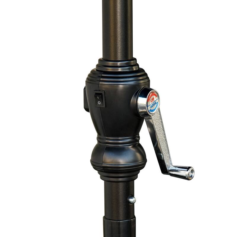 Outdoor terrace umbrella with tilting mechanism and LED lighting