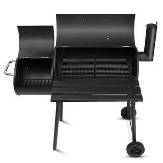Barrel Charcoal Grill With Offset Smoker, All Metal Outdoor Smoker With Side Table And Wheels - 43.7" x 21.3" x 36.6"