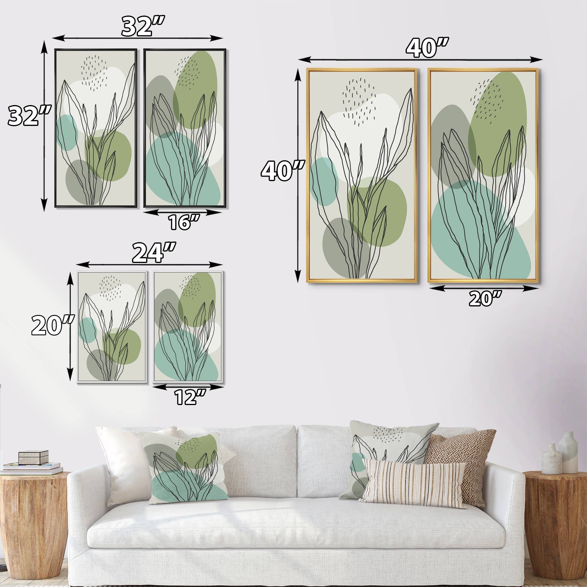 Designart "Green Botanical Abstract Leaves I" Floral Framed Art Set of