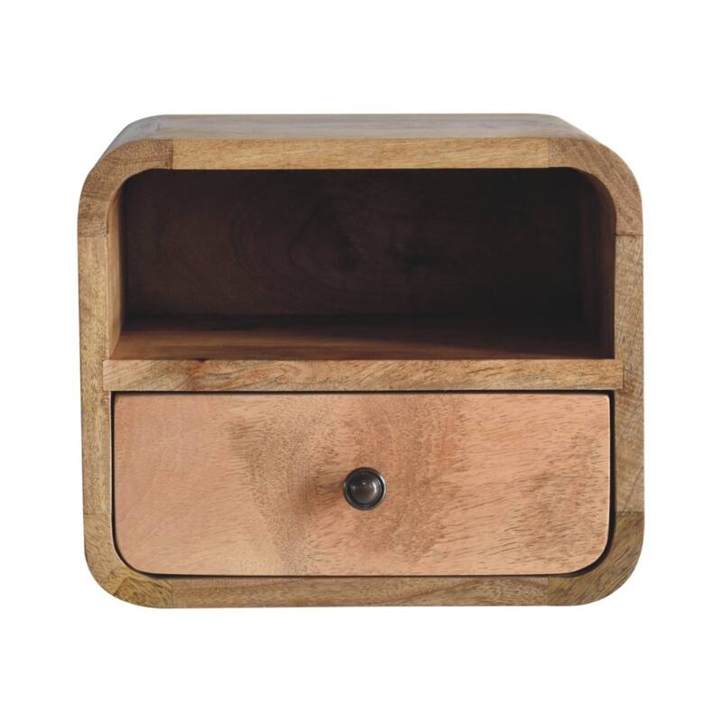 Artisan Furniture Solid Wood Extra Mini Wall Mounted Curved Oak-ish Bedside with Open Slot, Light brown, 1 Drawer ,1 Shelf