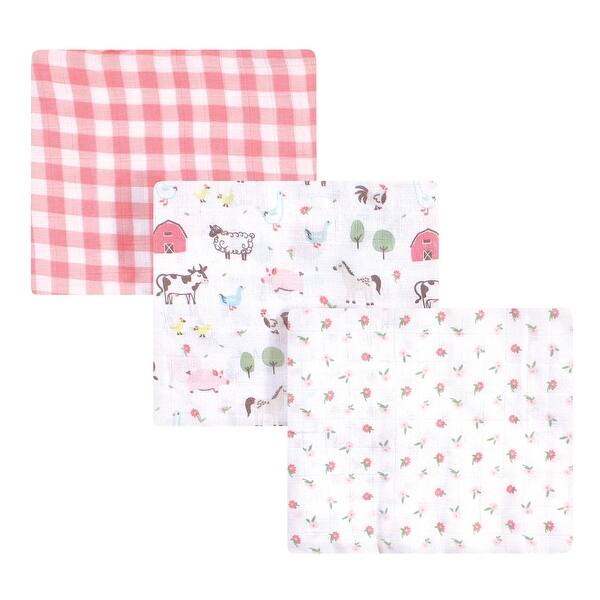 slide 1 of 1, Hudson Baby Infant Girl Cotton Muslin Swaddle Blankets, Girl Farm Animals, One Size - Girl Farm Animals - 3-Pack 3-Pack - Girl Farm Animals