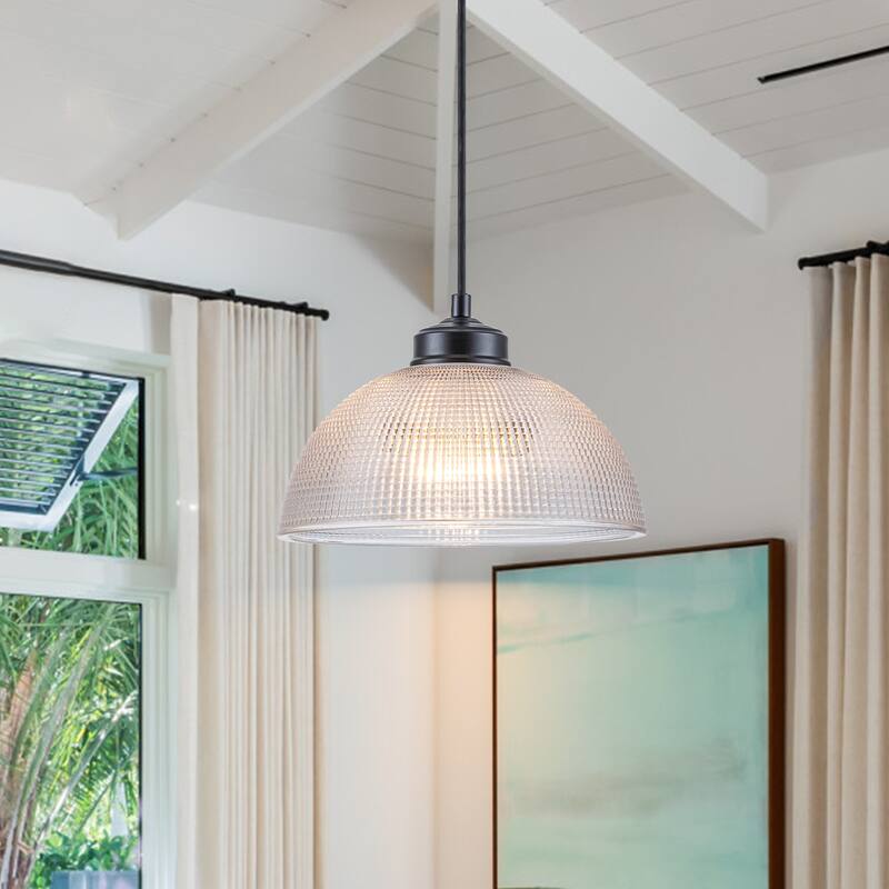 1-Light Matte Black Dome Pendant Textured Glass Kitchen Island Lights for Dining Room