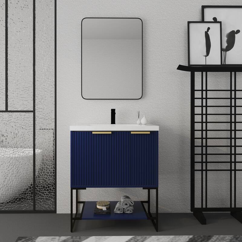 30 inch Plywood Freestanding Bathroom Vanity Set in Navy Blue with Integrated Resin Sink - 29.5" x 18.1" x 35" - Painted - Navy Blue