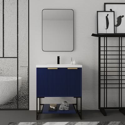 30 inch Plywood Freestanding Bathroom Vanity Set in Navy Blue with Integrated Resin Sink