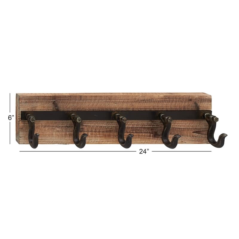 Wood 5 Hanger Wall Hook with Black Metal Hardware - Brown - Roche River Decor - 4"W x 24"L x 6"H