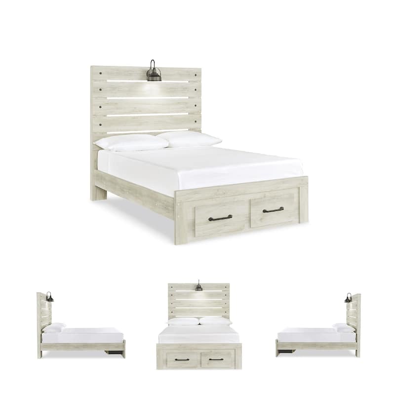 Cambeck Whitewashed Panel Bed w/ 2 Footboard Storage Drawers
