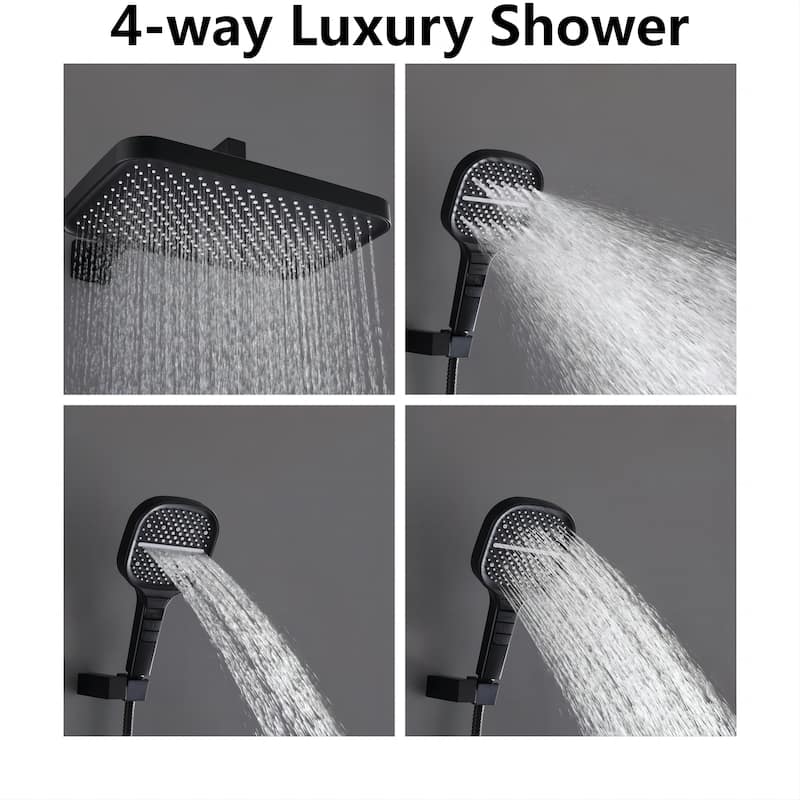 Modland 4-Way Square Thermostatic Rainfall Shower System with Rough-in Valve, Black/Gold