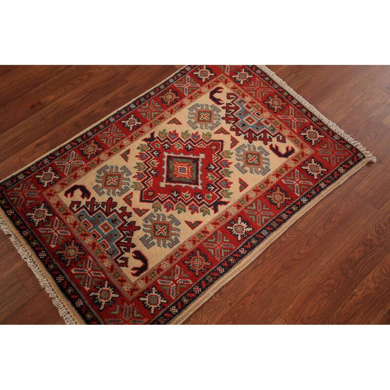 Geometric Kazak Accent Rug Hand-Knotted Wool Carpet - 2'0" x 3'0"
