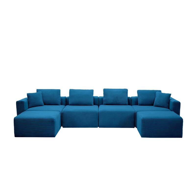 Corduroy Sectional Modular Sofa with Square Arms & Ottoman Extension for Flexible Arrangements - 4-Seater & 2 Ottomans - Opal Blue