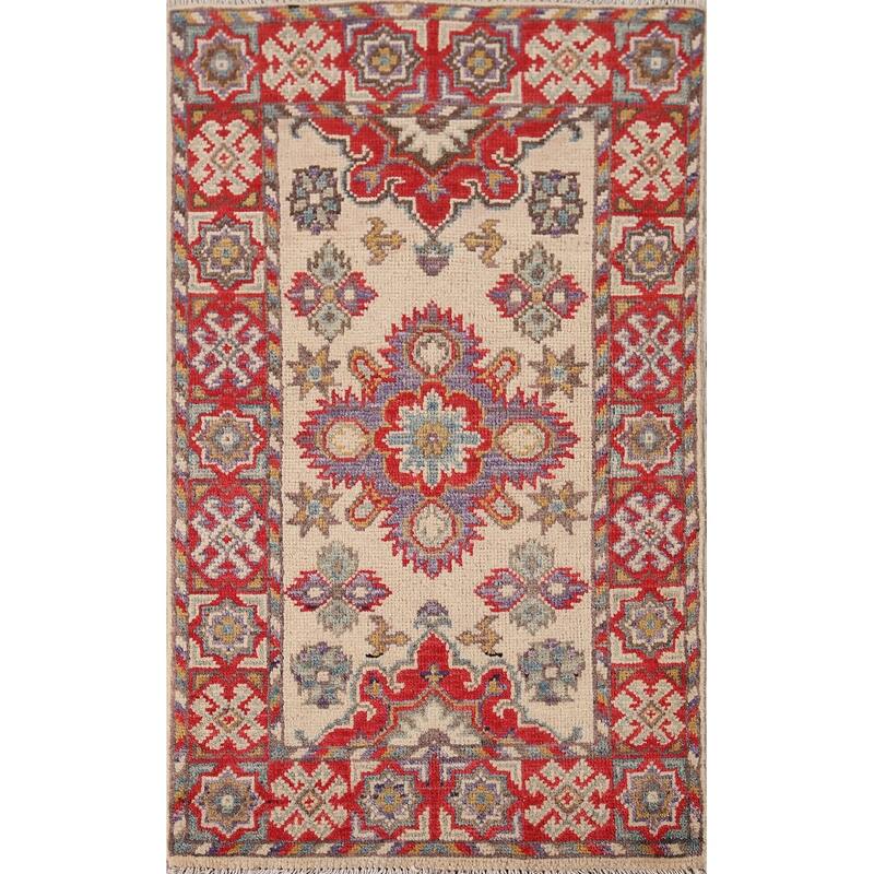 Geometric Kazak Oriental Foyer Rug Handmade Traditional Wool Carpet - 1'10" x 3'2"