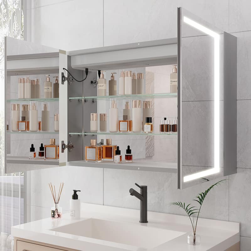 LED Lighted Bathroom Medicine Cabinet with Mirror, Dimmable, Anti-Fog, Double Doors, Wall-Mount - 24X36 in