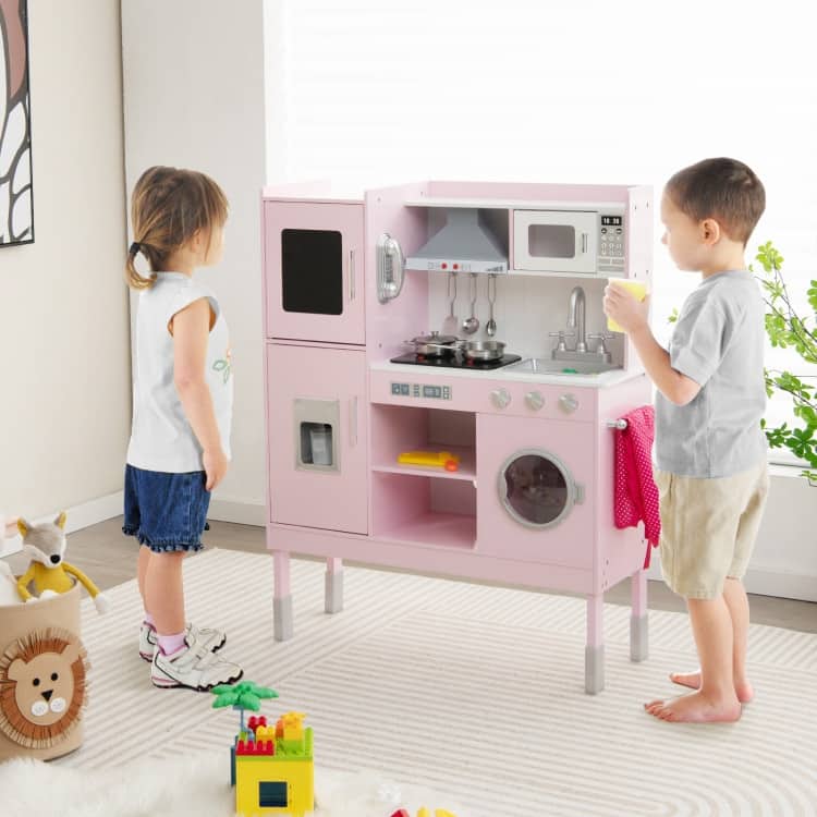 Pretend Play Kitchen for Kids with 16 Pieces Accessories-Pink - 32.5" x 11.5" x 40.5"