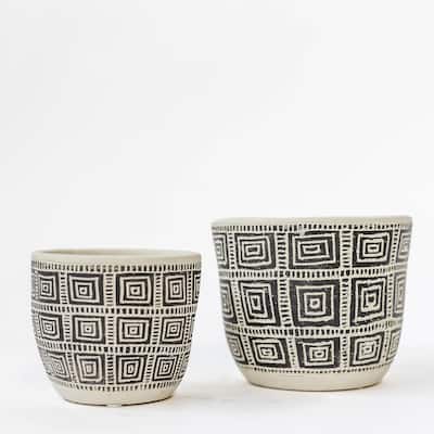 Set Of 2 Cream With Black Squares Pattern Planters