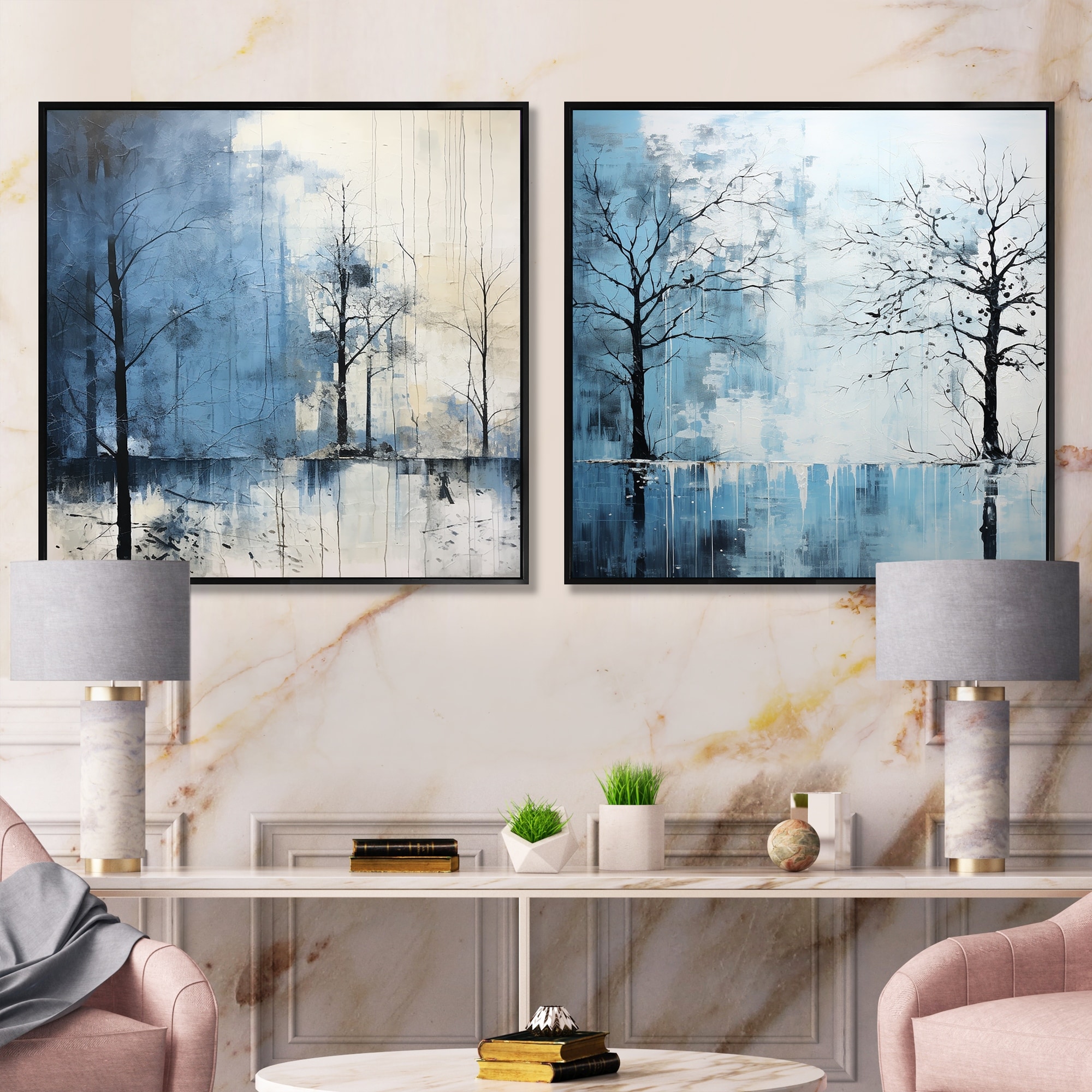 Designart "Minimalism Blue Tree Charm" Trees Framed Art Set Of 2 - Traditional Wall Decor Set Blue Wall Art 2 Pieces