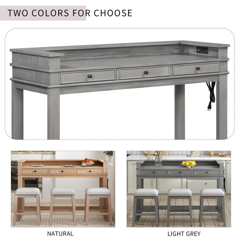 4-Piece Bar Dining Table Set with Stools & 3 Storage Drawers, Counter Height Kitchen Table Set with USB Charging Ports