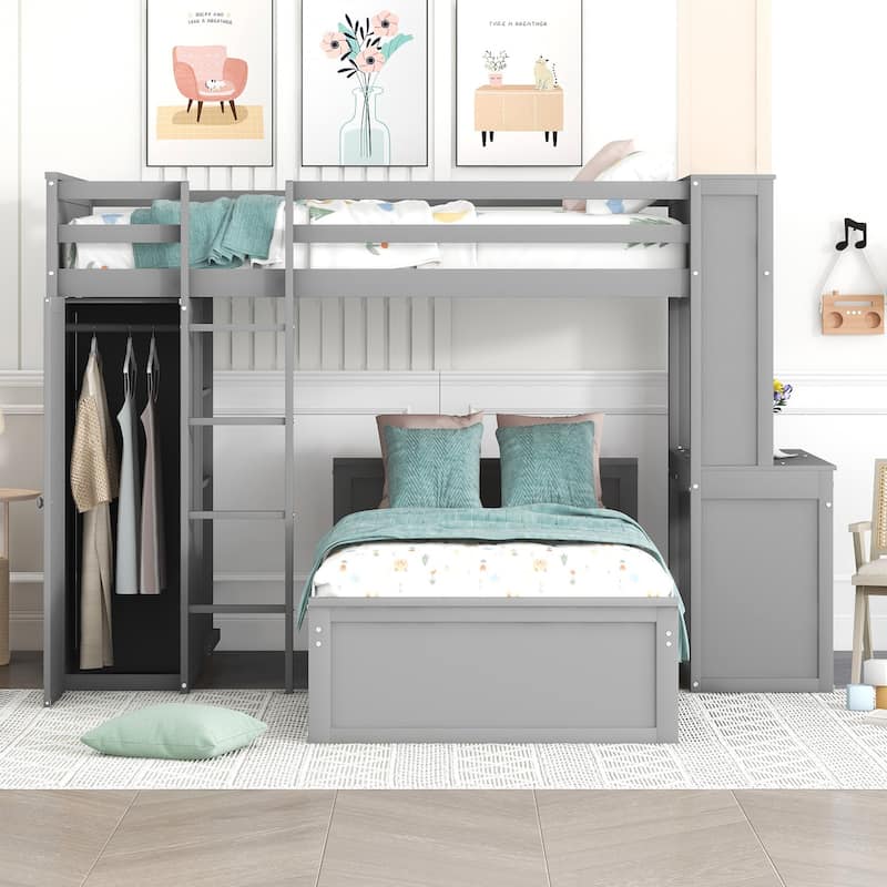 Twin size Loft Bed with a Stand-alone bed, Shelves,Desk,and Wardrobe-Gray - Gray