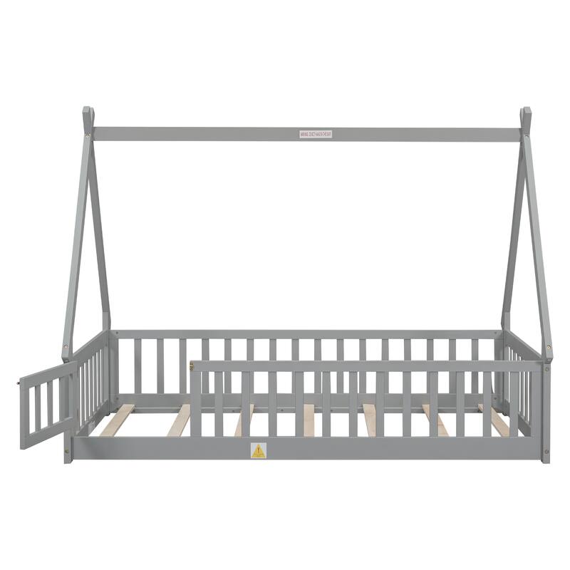 Twin Tent-shaped Floor Bed, Pine Fun Playhouse Bed Frames, With Guardrails, Slats, Door, House Bed Frame With Roof