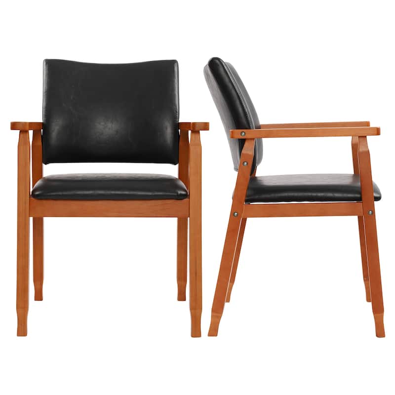 Walnut Upholstered Dining Chairs Solid Wood Arm Chair - Set of 2 - Black Faux Leather-2-Piece