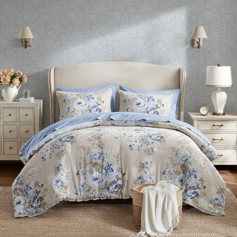 Madison Park Essentials Heather Vintage-inspired Collection floral print Comforter Set - King - Beige/Blue
