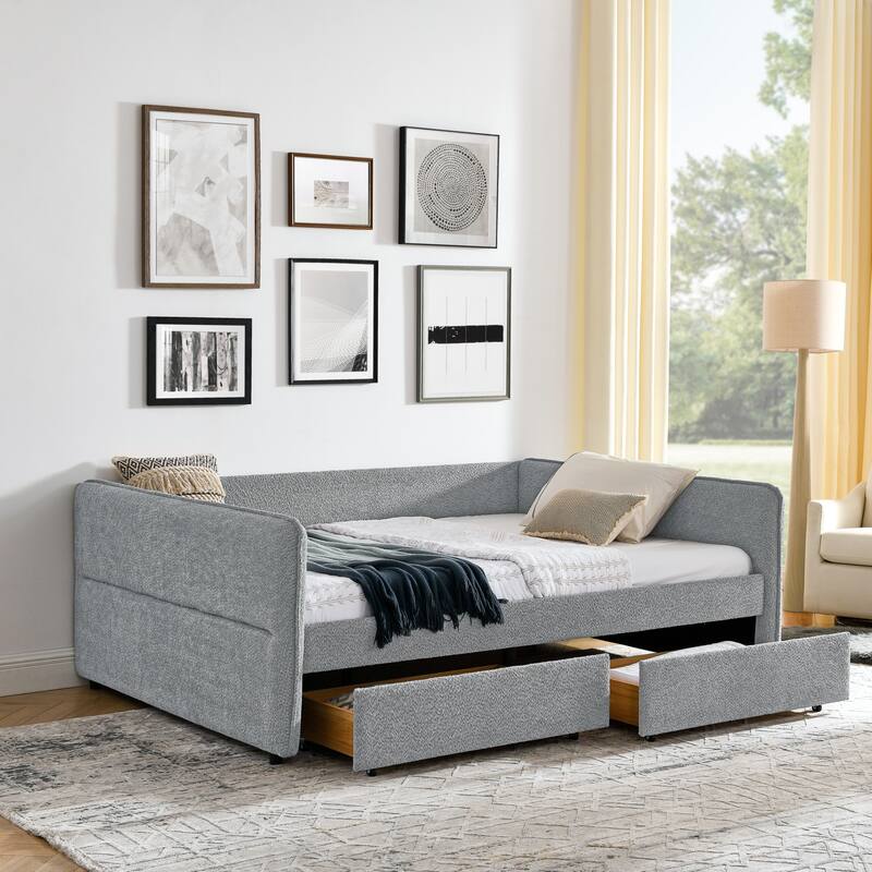 Upholstered sofa bed with drawers