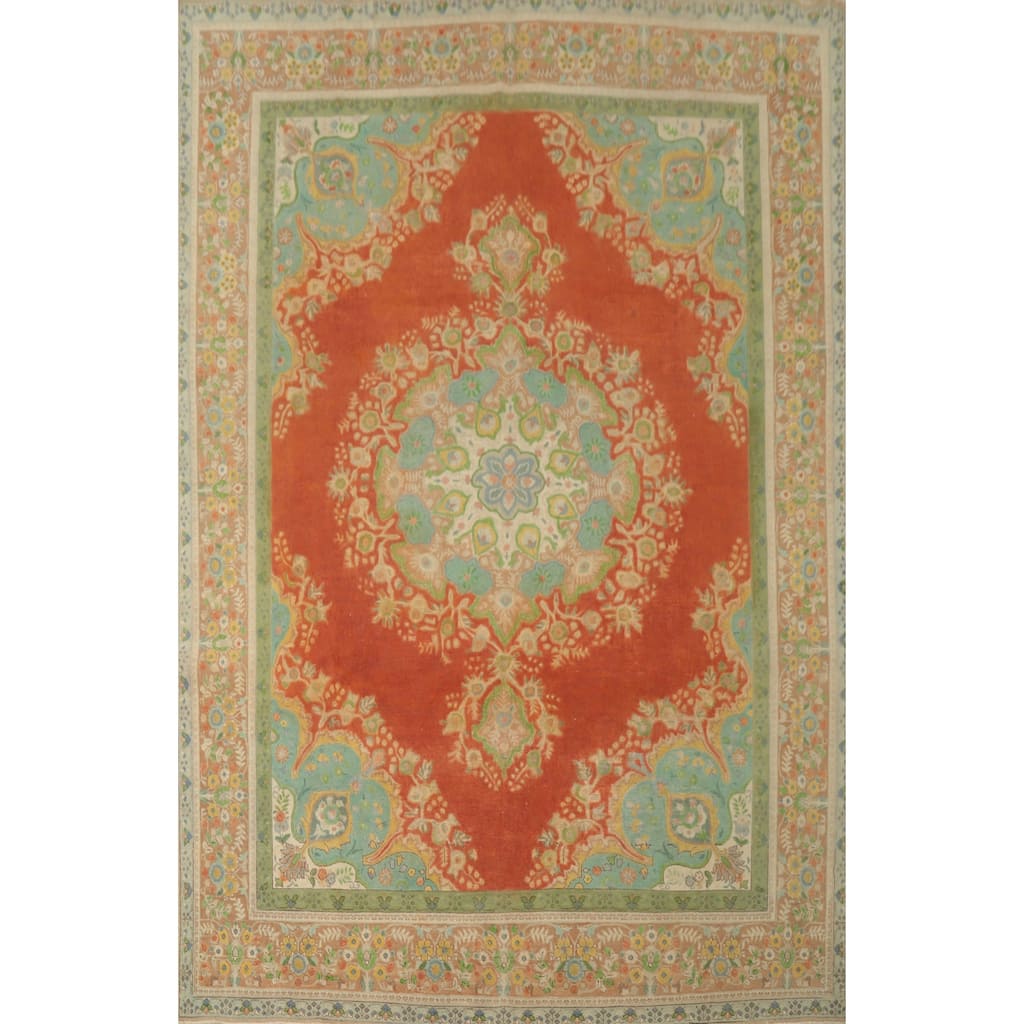 Hand Knotted Oriental 100% Wool Carpet Traditional Floral Oranges & Rust Tabriz Area Rug - 12' 6'' X 9' 8''